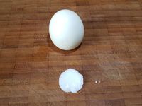1 - Mettre un peu de mayonnaise dans un bol et la colorer en la mélangeant avec l'encre de seiche (ou un colorant alimentaire noir). Ecaler les oeufs durs, couper la base pour qu'ils soient bien stables et tiennent bien droit. A l'aide d'une paille, creuser deux trous dans l'oeuf à la place de yeux. Former avec un couteau une découpe sous les yeux pour imiter la bouche. Utiliser un peu de wasabi pour "coller", faire tenir debout et disposer les branches de fenouil dans un plat rectangulaire légèrement creux  (comme s'il s'agissait d'une forêt). Remplir délicatement le plat avec la mayonnaise grise pour matérialiser la terre, et y déposer les oeufs durs.  Présenter votre plat sur un fond sombre décoré de quelques chauves-souris taillées dans une tranche de pain de mie à l'aide d'un emporte-pièce, ajouter quelques araignées en décoration. Et voilà votre forêt de fantômes !
