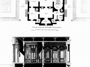 Plans, coupe, élévation du pavillon et l'entrée de celui-ci.