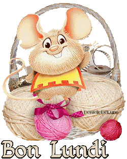 Gif animé bon lundi avec petite souris heureuse sur pelotes de laine-a