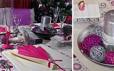 Table de Noël, fuchsia, argent et prune