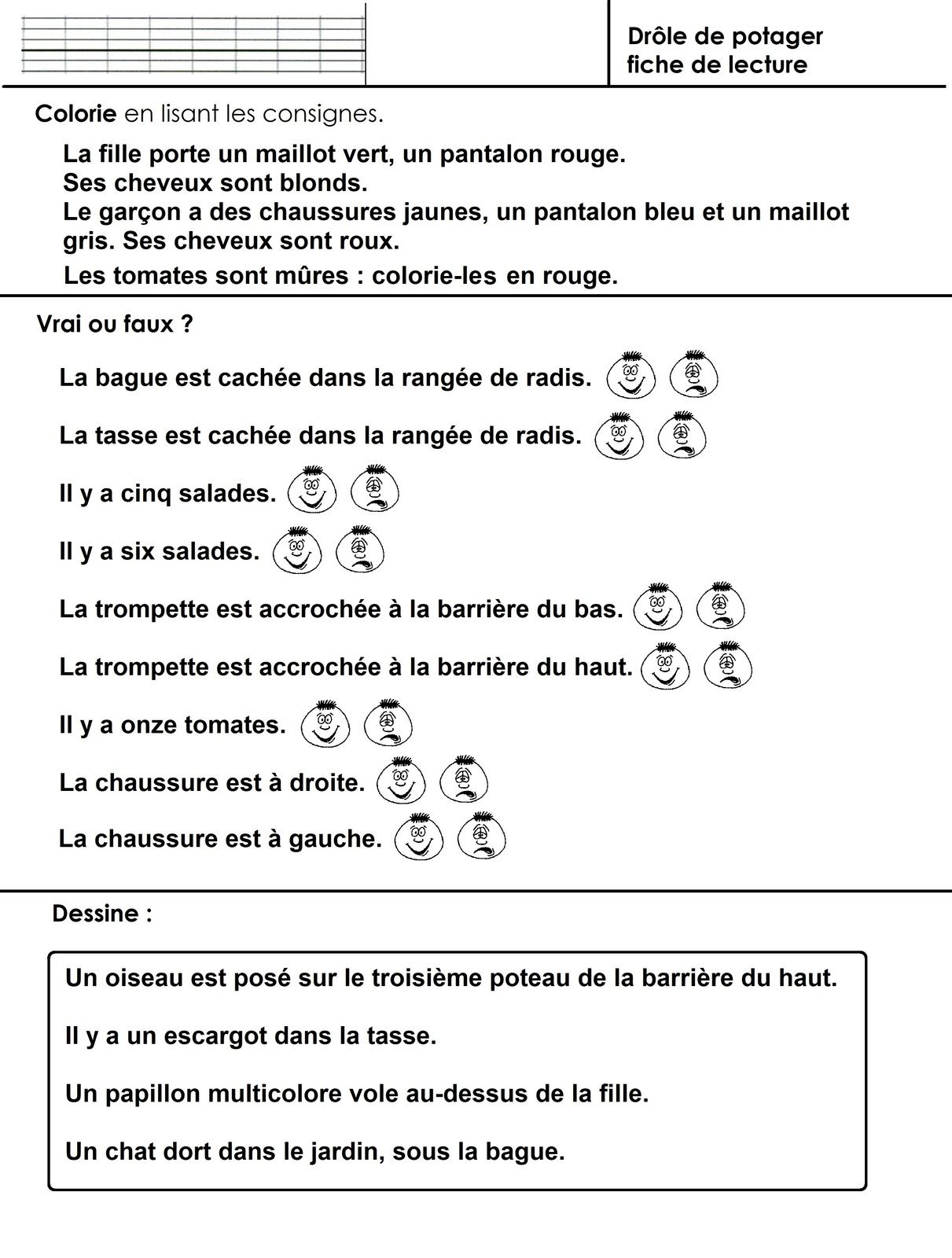 Atelier Lecture Je Lis Je Colorie Je Dessine Cp Ou Debut Ce1 Le Potager Ecole Maternelle Gellow