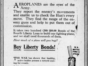 Pendant le premier conflit mondial, les publicitaires s'en sont donnés à cœur joie en prenant prétexte de la guerre pour vendre tout et n'importe quoi. Ces deux publicités sont issues d'un journal du comté de Carroll d'octobre 1918.