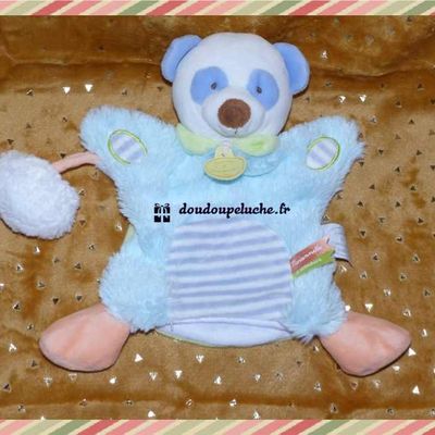 Doudou panda PISTACHE, Doudou et compagnie LOVELY, bleu vert orange, marionnette, www.doudoupeluche.fr