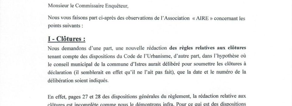 Révision Générale du PLU - Lettre d'observations relatives : aux clôtures ; au recul de 5 mètres des portails ; à l’article R 151-21 du Code de l’Urbanisme ; à l’emplacement réservé n°90 ; au parc urbain fantôme