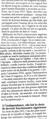 Josette Audin ou le deuil impossible, dans l'Humanité du 29 mai