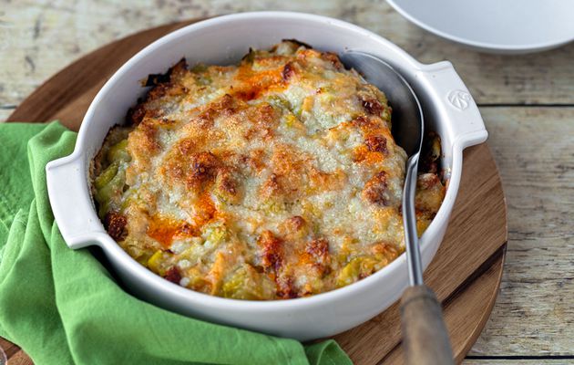 Gratin de pommes de terre et poireaux au chorizo et parmesan