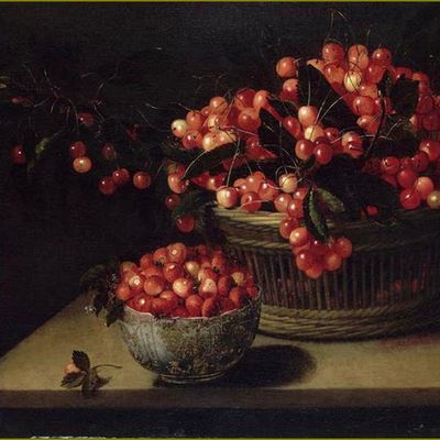 Le temps des cerises par les peintres -  Francois Garnier (1600-1672) - Nature morte aux cerises dans un panier d'osier et une porcelaine de chine