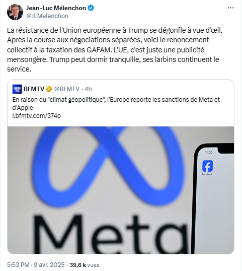 La résistance de l'Union européenne à Trump se dégonfle à vue d'œil. Après la course aux négociations séparées, voici le renoncement collectif à la taxation des GAFAM. L'UE, c'est juste une publicité mensongère. Trump peut dormir tranquille, ses larbins continuent le service.