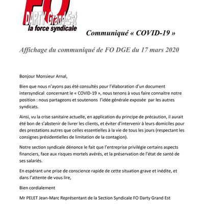 Communiqué FO DGE du 17 mars 2020 "COVID-19"