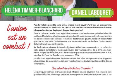 Elections légistalives 2° Circonsription des Pyrénées Atlantiques avec Héléna Timer-Blanchard (EELV) et Daniel Labouret République&Socialisme
