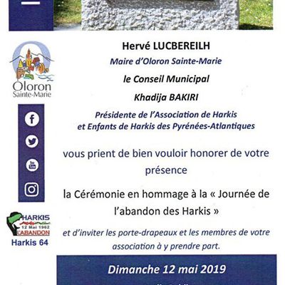 Commémoration Nationale de l'Abandon des Harkis,dimanche 12 Mai 2019 à Oloron-Sainte Marie(64)