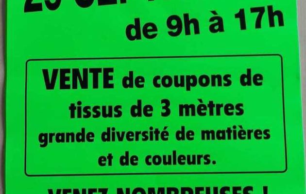 29 septembre 2023 : vente de coupons de tissus à Thoiré-sur-Dinan