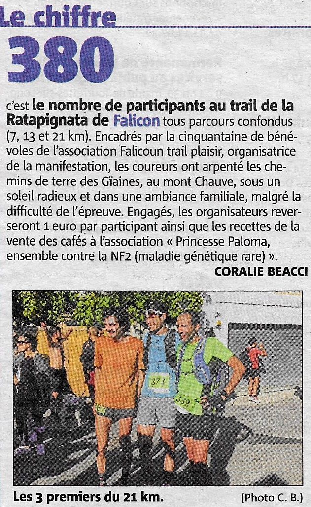 FALICON Trail de la Ratapignata - 300 participants : L'article Nice-matin par Coralie BEACCI