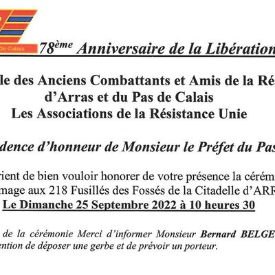 78ème anniversaire de la Libération du Pas-de-Calais au mur des Fusillés de la Citadelle d'Arras