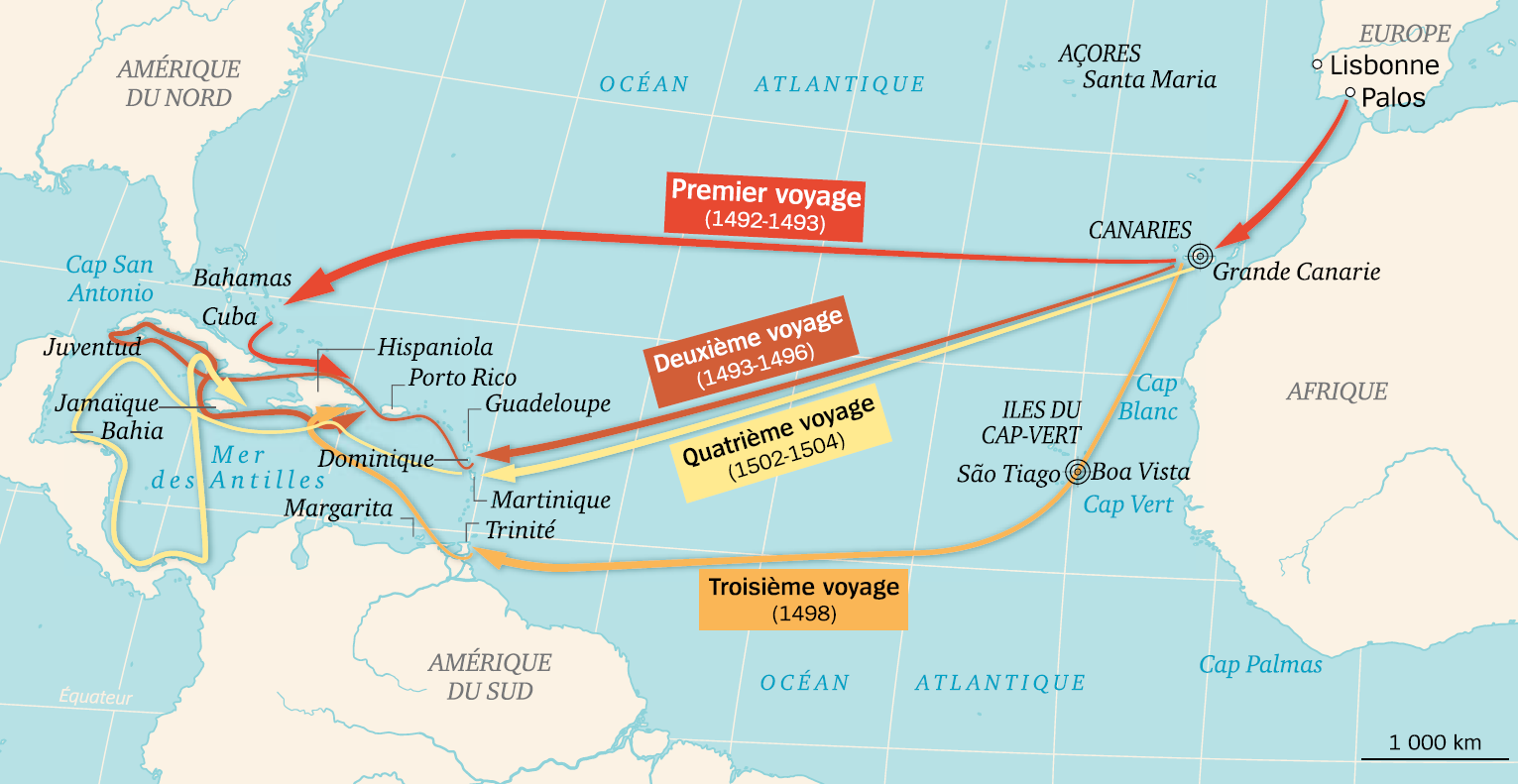 carte des voyages de Christophe Colomb