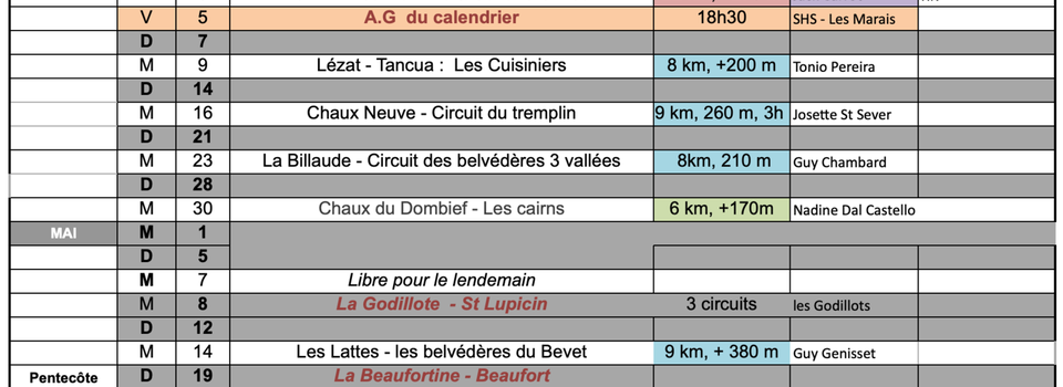 Calendrier Rando 2024