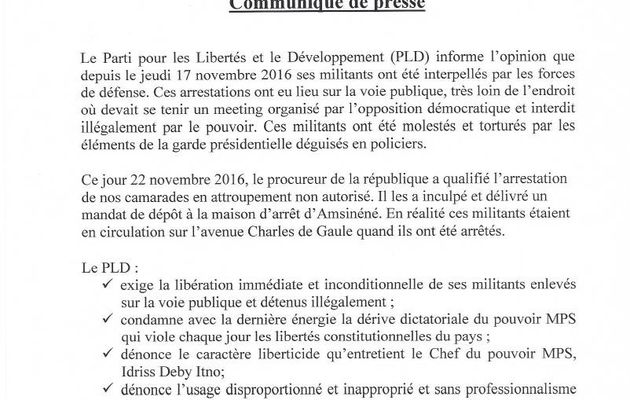 Le PLD dénonce les pratiques liberticides au Tchad et exige la libération des militants détenus illégalement