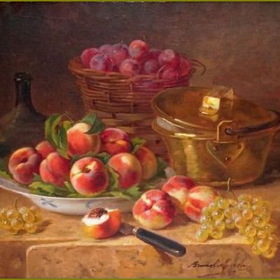 Fruits d'été par les peintres - Alfred Arthur Brunel De Neuville (1852-1941) nature morte aux pêches et prunes