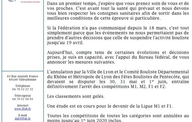 Communiqué de la FFSB du 2 avril 2020