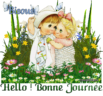 Gif Anime Hello Bonne Journee Avec Mignon Couple D Enfants Parmi Les Fleurs Les Gifs Animes De Dentelledelune
