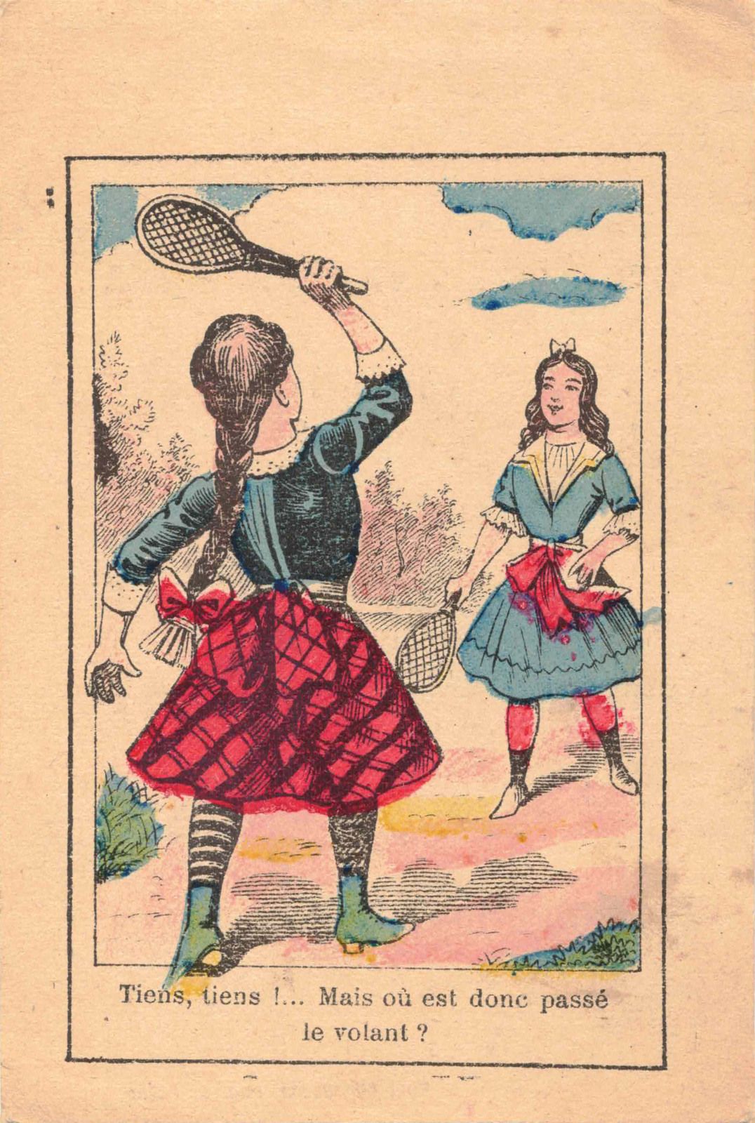 « Tiens, tiens !... Mais où est donc passé le volant ? »  –  Chromo-devinette, Chicorée « À la belle Jardinière » – Années 1890-1910 – Dim. 8 x 12 cm – Collection Oncle Freddy