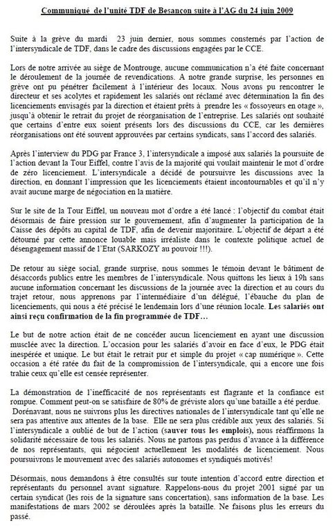 Tracts et articles sur les actions des salariés TDf de Besançon