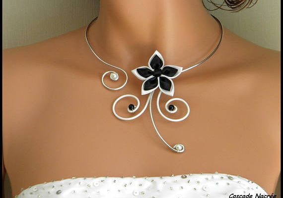 collier mariée fleur satin Lina noire blanche alu argenté perle mariage 25E