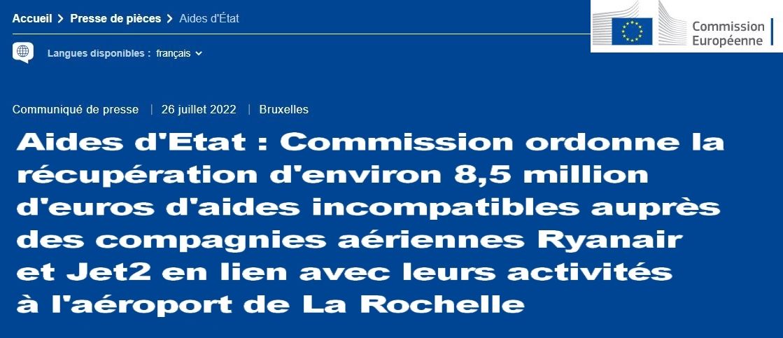 Aides d'Etat: Commission autorise plusieurs mesures françaises en faveur des aéroports de Beauvais et de La Rochelle; ordonne la récupération d'environ 8,5 million d'euros d'aides incompatibles auprès des compagnies aériennes Ryanair et Jet2 en lien avec leurs activités à l'aéroport de La Rochelle