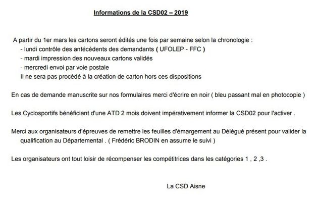 [Cyclosport] Communiqué de la CSD et annexe départementale