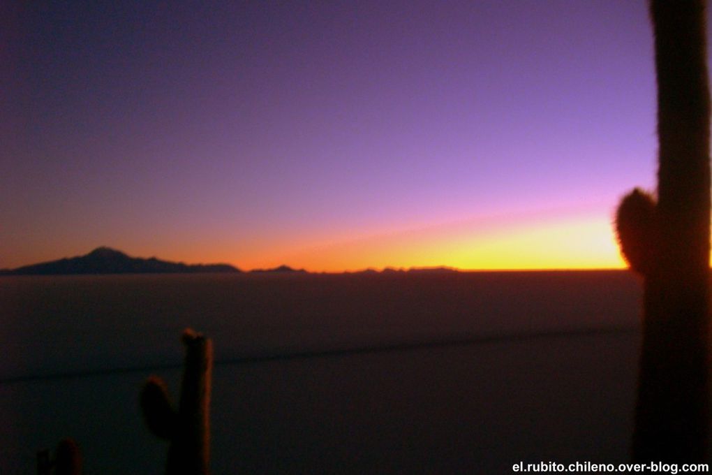 Levé de soleil depuis la Isla de Incahuasi. Traversé d'une des merveilles naturelles du monde. Le plus grand désert de sel du monde. Du blanc à perte de vue et un ciel bleu extraordinaire.