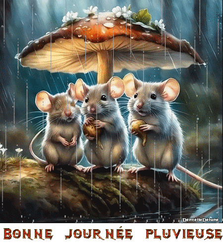 Bonne journée pluvieuse - souris sous parapluie champignon - gif animé