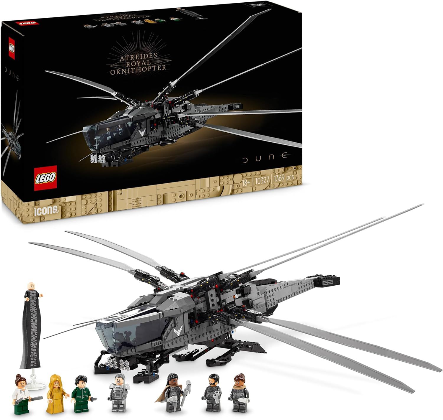 Une idée de cadeau sur le thème du film épique pour les fans de Dune : L'ensemble de construction LEGO Icons Dune Atreides Royal Ornithopter (10327) pour adultes. Faites plaisir à votre cinéphile préféré ou prenez le temps de vous détendre en construisant une réplique méticuleusement détaillée de l'avion légendaire de la Maison Atréides. Ce véhicule LEGO de qualité supérieure comprend des ailes pliables et battantes, un train d'atterrissage déployable et un cockpit de minifigurine qui s'ouvre. Ce kit de construction comprend également 8 personnages emblématiques du film Dune : Paul Atréides, Dame Jessica, Gurney Halleck, Chani, Leto Atréides, Liet Kynes, Duncan Idaho et Baron Harkonnen. L'application LEGO Builder propose une version numérique des instructions de construction incluses dans cet ensemble. Découvrez un espace de détente avec la gamme inspirante de maquettes LEGO pour adultes. Avec des véhicules LEGO, des souvenirs de films, des favoris de la culture pop et bien plus encore. Il y a un ensemble pour tout le monde. Cette maquette à construire LEGO représentant l'Ornithopter du film Dune est un excellent cadeau sur le thème de l'aviation pour les hommes, les femmes et tous les amateurs de cinéma. Le modèle avec les ailes dépliées mesure plus de 23 cm de haut, 57 cm de long et 79 cm de large. Contient 1 369 pièces.