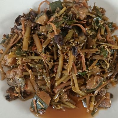 Pourpier (queues) à la courgette, chanterelles, herbes aromatiques et piment d'Espélette 