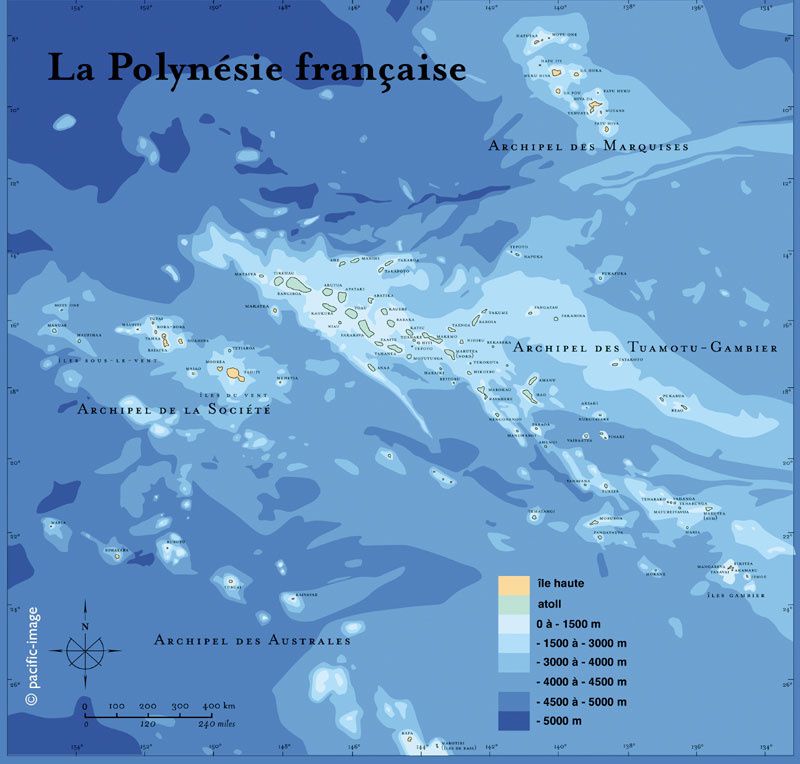 Cartes des différents archipels de la Polynésie.