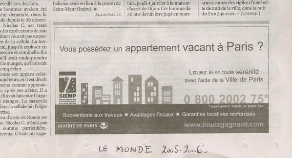 <ul>
    <li><strong>Promotion de la Mission logements vacants de la SIEMP sur divers supports : plaquette, encarts publicitaires dans la presse nationale et r&eacute;gionale, panneaux lumineux, panneaux en fa&ccedil;ade,&nbsp;rapport annuel d'activit&eacute;, salon de la Copropri&eacute;t&eacute;.</strong> </li>
    <li><strong></strong></li>
    <li><strong>CLIQUER SUR UNE PHOTO POUR L'AGRANDIR. POUR REVENIR A LA PAGE D'ACCUEIL, IL SUFFIT DE FERMER LA FENETRE.</strong> </li>
</ul>