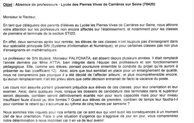Courrier des parents d'élèves des classes de première STI2D et terminale STI2D du lycée des Pierres Vives envoyé à Monsieur le Recteur le 16/09/2014 :
