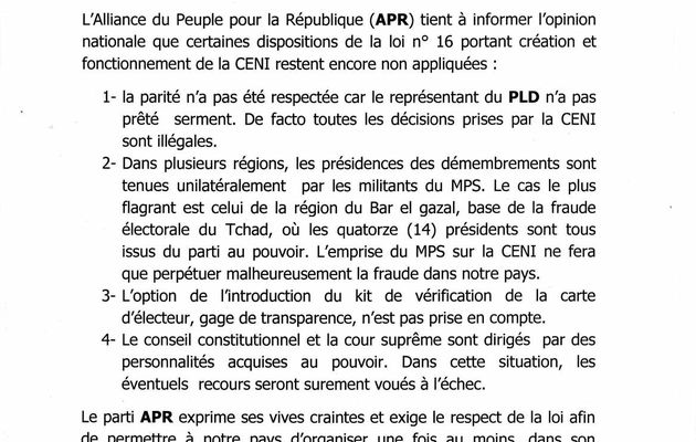 Tchad: le parti APR exprime ses craintes devant le non respect de la loi par la CENI