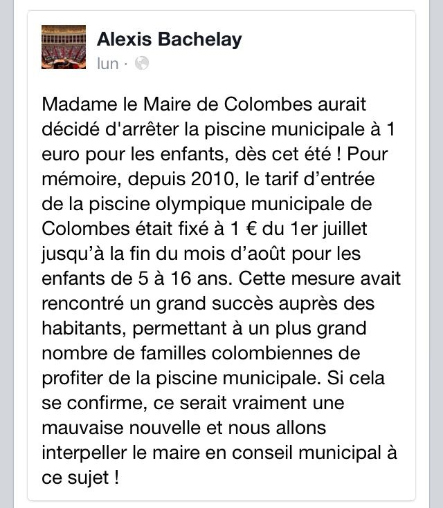 COLOMBES : SELON LE DÉPUTÉ ALEXIS BACHELAY , NICOLE GOUETA ARRÊTE LA PISCINE À 1€ POUR LES JEUNES !