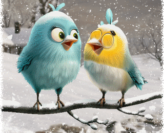 Coucou - Bonne journée - hiver - petits oiseaux rigolos - gif animé