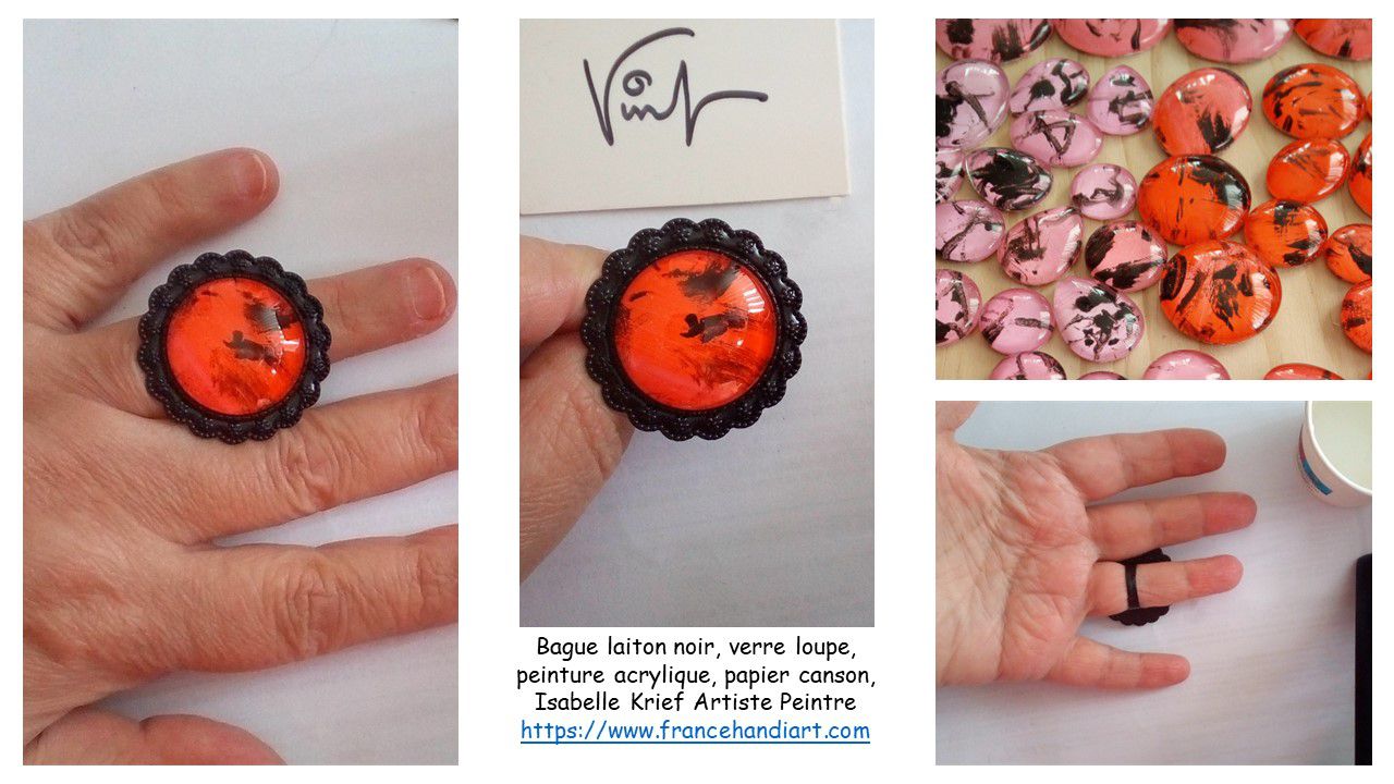 Bague ronde laiton avec cabochon verre loupe,peinture acrylique orange noir,art nouveau fleuri,bijou boho bobo gothique edouardien,femme homme unisex lgbt,cadeau fete anniversaire noel,anneau ajustable