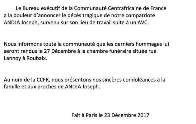 Message de condoléances adressé par M. Bienvenu Aimard GUINON président de CCFR  à la famille  ANDJA 