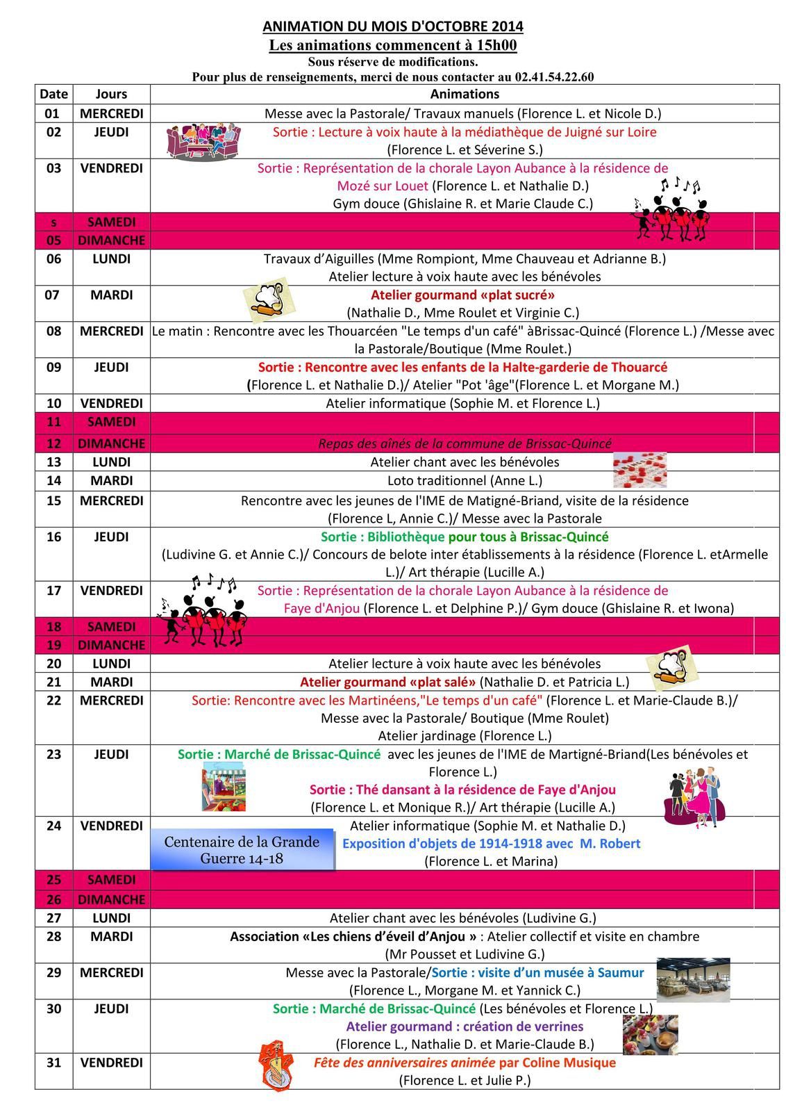 Le programme du mois d'octobre