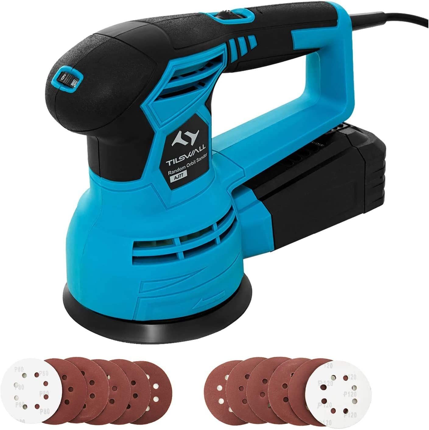 Tilswall Ponceuse Excentrique Filaire 450W Ponceuse Rotative Électrique 6000-12000RPM avec 6 Vitesses Variables