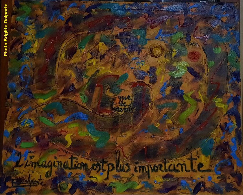 "H/T- format 60X50cm". 2021, toujours soirée solo, cette nuit, mes pinceaux et mes tubes sont déchaînés. Autour d'une calligraphie dansante, des couleurs pures dansent et voltigent aux rythmes de ma sono. L'odeur d'huile que j'aime, rempli la pièce et la toile se colorise gaiement. Je m'éloigne, je me rapproche et hop, je positionne les unes aux autres ces belles touches spontanées de poils de différents pinceaux.