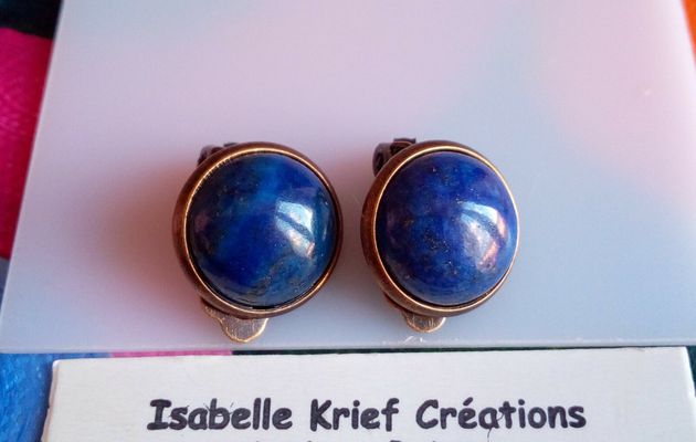 fait mains en france,clips oreilles non percees laiton bronze,lapis lazuli pierre precieuse bleue,cabochons ronds 12mm,bobo boho gothique baroque,cadeau fete anniversaire noel,lithotherapie meditation bien etre spirituel