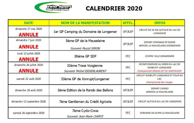 CALENDRIER SAISON 2020