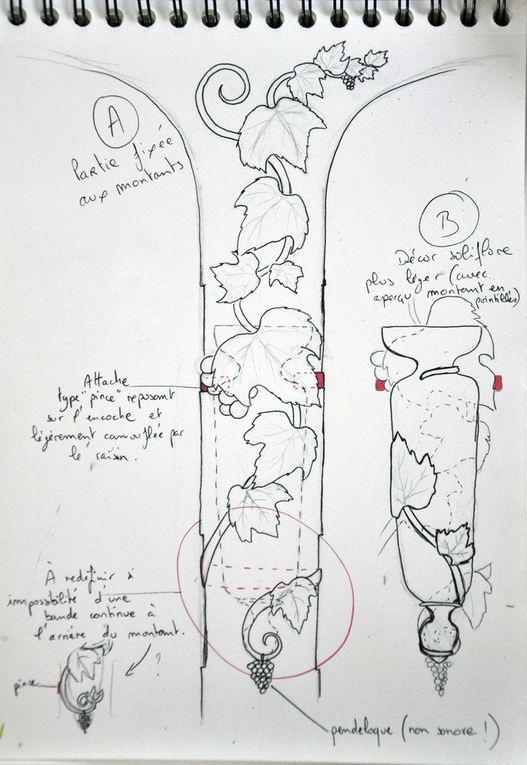 Après l'élaboration du dessin, un maquettage-papier histoire d'avoir une idée du rendu final. Ce maquettage me permet aussi d'affiner l'ajustage des attaches et de mieux comprendre les courbes à donner au métal, notamment pour le futur "enveloppement" des soliflores...