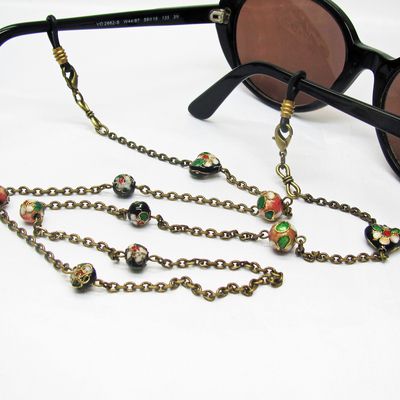 Cordon lunettes perlé, chaine de lunettes bronze et perles chinoises cloisonnées
