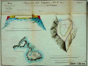 Projet de terrassement de la batterie haute en 1845 (© Service historique de la Défense) et vestiges du parapet de 1847