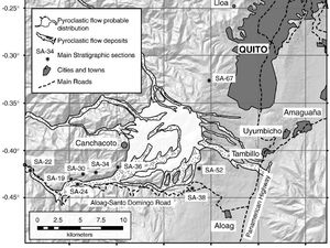 Figura 1 (Izquierda) Mapa de distribución de los flujos piroclásticos asociados al ciclo N6 de Ninahuilca (Hidalgo et al., 2008). Figura 2 (derecha) Depósito del flujos piroclástico N6 de Ninahuilca ubicado a 16 km del volcán en la vía Aloag - Santo Domingo (Hidalgo et al., 2008).